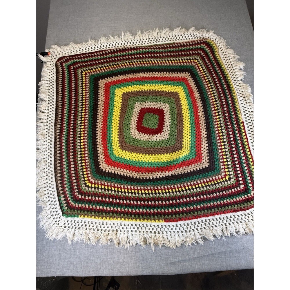 Vintage Crochet Granny Square Blanket Boho Fringe Rasta Earthtones Throw 39"x39"